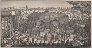 Velká hostina pořádaná Tamerlanem (1336-1405) (nebo Timur Lang, „Timur chromý“) na pláni Khani Gheul na oslavu svatby jeho vnoučat - Rytina 19. století od Unknown artist