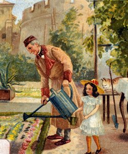 Dědeček zahradničí se svou malou dcerou chromolitografie konce 19. století od Unknown artist