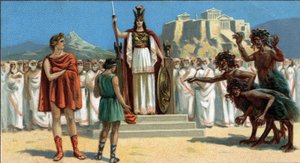 Velké řecké tragédie: „Orestia““ od Aischyla. Oreste se objevil před Areopage nebo Nejvyšším soudem Athén, kterému předsedala bohyně Pallas Athene nebo Minerva, asistoval mu Apollo. Napravo jsou Eumenides (tři fúrie). Orestie chybí od Unknown artist