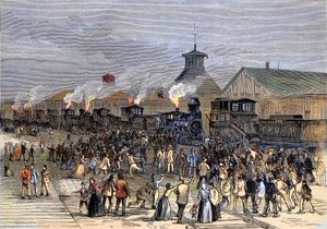 Velká železniční stávka v roce 1877, blokáda motorů v Martinsburgu, Západní Virginie od Unknown artist