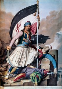 Válka za nezávislost Řecka proti Osmanské říši: prapor se tyčí do Salony od Nickolaki Mitropolos po povstání 25.3.1821. Litografie z roku 1821. Paříž, dekorativní umění od Unknown artist