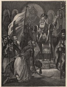Řecká válka za nezávislost 1821 - 1829: biskup Germanos (Germain) III ze Starého Patrasu (Georgios Gotzias) požehnal vlajku boje za svobodu, klášter Agia Lavra (Sainte Laure du Peloponnese), 21. března 1821 - rytina po malování od Unknown artist