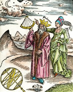 Řecký astronom Claude Ptolemaee (Claudius Ptolemaeus) (kolem 90-kolem 168 n. l.) pomocí sextantu a astronomie. Rytina z roku 1503. Soukromá sbírka od Unknown artist