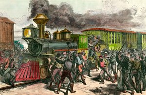 Greve na železniční trati spojující Baltimore, Ohio Dělníci pronásledují řidiče a inženýry z vlaku mířícího do Baltimoru. 1877 Soukromá sbírka rytin 19. století od Unknown artist