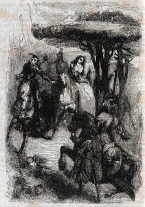 Griffon meets Origille – rytina z roku 1851 z „“Zuřivého Rolanda““ (Orlando furioso) (16. století) od Ludovica Ariosta, známého jako Ariosto – vydání přeložené z italštiny hrabětem z Tressanu a vydané Gustavem Harvardem v roce 1851 od Unknown artist