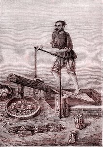 Broušení a drcení kusů bambusu, výroba papíru v Číně (3. století př. n. l.) (rytina) od Unknown Artist