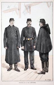 Strážci míru (1873-1894). Barevný lept, pro ilustraci Kniha „Historie sboru mírových sil“““ vydaná pod záštitou Louise Lepinea (1846-1933), prefekta policie na Seině, od Alfreda Reye (1864-?) a Louise Ferona od Unknown artist