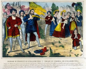 Guillaume Tell (William Tell) (legendární hrdina švýcarské nezávislosti). Barbar Gesler donutí Guillauma Tella, aby šípem odstranil jablko umístěné na hlavě jeho dítěte. 19. století rytina od Unknown artist