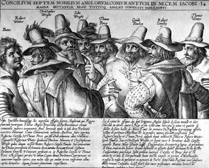 Střelný prach: Bates, Robert Winter, Christopher Wright, John Wright, Thomas Percy, Guido Fawkes, Thomas Winter od Unknown artist