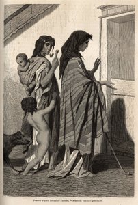 Cikánské ženy a děti v hadrech nebo polonahé žádají v Esseku (povodí Dunaje) o podomní almón. Rytina k ilustraci vzpomínek na cestování mezi jižními Slovany, od Georgese Perrota, v roce 1868, publikovaná v „“Le tour du monde““ 1870-1871, edit od Unknown artist