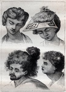 Účesy obyvatel Taiti (Tahiti) - ilustrace převzata z „Velkých námořníků 18. století““ od Unknown artist