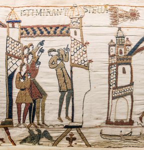 Halleyova kometa a Harold dostávají špatné zprávy, Bayeux Tapestry (vlněná výšivka na plátně) od Unknown artist