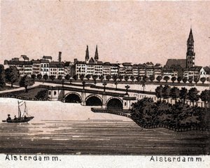 Hamburk (Hamburg), Německo: pohled na Alsterdamm. v „“ Svět ilustruje 168 pohledů““ Nedatováno (konec 19. století) od Unknown artist