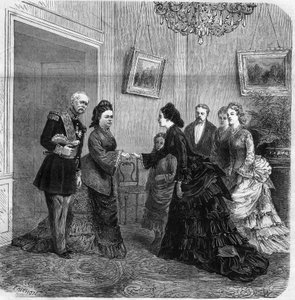 Přenos mezi Elisabeth de Mac Mahon (1834-1900) a rakouskou Impressou Elisabeth de Wittelsbach (1837-1898) (Sissi) během návštěvy prezidenta Francouzské republiky Patrice de Mac-Mahon (1808-1893) v Rakousku. 1875. Rytina v „Vesmíru od Unknown artist