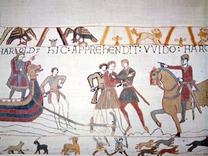 Harold II. (1022 - 1066) se vylodil v Normandii, kde byl zajat Vilémem I. Dobyvatelem (1027 - 1087). Tapisérie z Bayeux, známá jako Výšivka královny Mathildy od Unknown artist