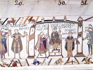 Harold II (1022 - 1066) byl prohlášen králem po smrti Edwarda Vyznavače v roce 1066, ale brzy zemřel v bitvě u Hastingsu. Tapisérie z Bayeux nebo výšivka královny Mathildy od Unknown artist