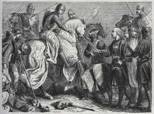 Henry III (Henry III Plantagenet of England) (1207-1272) je zajat Simonem V. z Montfortu (asi 1208-1265) v Lewes v Sussexu 1264 - rytina 1864 od Unknown artist