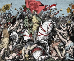 Jindřich Fowler prohlášen králem Východní Francie - Jindřich I. Německý (nebo Saský, známý jako Jindřich Oiseleur, 876-936) prohlásil králem Západní Francie v roce 919 od Unknown artist