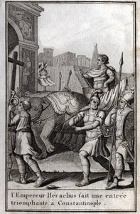 Heraclius I. (Flavius Heraclius, Herakleios (asi 575-610/641), byzantský císař, triumfálně vstoupil do Konstantinopole. Vyšplhal na vůz, na nějž dojeli čtyři sloni, a přinesl před sebe Pravý kříž (Svatý kříž), který mu byl odebrán. z od Unknown artist
