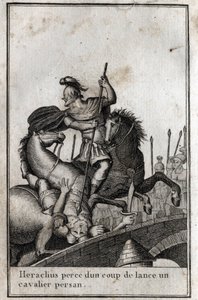 Heraclius I (Flavius Heraclius, Herakleios (asi 575-610/641), byzantský císař, oštěp perského jezdce (válka proti Peršanům), 7. století. Rytina v „Beaute de l