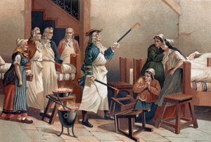 Hermann Leyde Boerhaave (1688-1738), holandský lékař se svými studenty před hysterickými ženami z nemocnice Leyde. Po „La Ciencia y sus Hombres par Louis Figuier“. Barcelona 1881 od Unknown artist