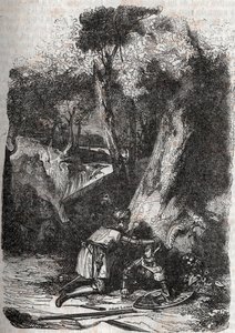 Hermonides převrácený a zachráněný Zerbinem – 1851 rytina z „“Zuřivého Rolanda““ (Orlando furioso) (16. století) od Ludovica Ariosta, známého jako Ariosta – vydání přeložené z italštiny hrabětem z Tressanu a vydané Gustavem Harvardem 1851 od Unknown artist