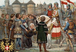 Historické epizody slavných měst: Rudolf Habsburský (Rodolf I. Svaté říše 1218-1291) obsadil Vídeň (1276). Rodolph I. byl král Římanů a zmocněním se města Vídně založil moc Habsburků. Chromol od Unknown artist