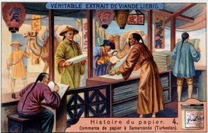 Historie papíru. 4. Obchod s papírem v Samarkandu (= Samarkand) (Turkestan). Liebigova chromolitografie od Unknown artist