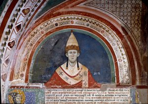 Historie svatého Františka z Assisi: zobrazení papeže Innocenza III., zobrazující bublinu, která potvrzuje františkánskou vládu v roce 1210 (freska) od Unknown artist