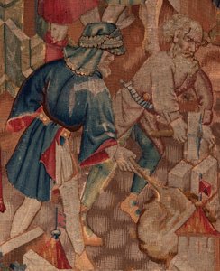 Historie Saint Piat a Saint Eleuthère, scéna 5 detail. Střed vlevo. Zedníci. od Unknown artist
