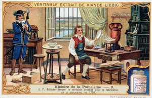 Historie porcelánu: Johann Friedrich Bottger (Bottcher nebo Bottiger) (1682-1719) našel skutečnou metodu výroby porcelánu v roce 1709 - Liebigova chromolitografie od Unknown artist
