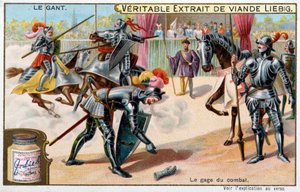 Historie rukavice: házení rukavice, příslib bitvy v rytířských turnajích - Liebigova chromolitografie od Unknown artist