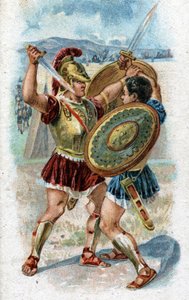 Historie života Achilla, legendárních hrdinů trojské války: Achilles bojující s Hektorem, aby pomstil smrt Patroklesa. Chromolitografie z roku 1890. od Unknown artist