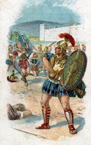 Historie života Achilla, legendárních hrdinů trojské války: Patroklos dostane od Achilla povolení zachránit Řeky tím, že bude nosit své zbraně. Zabije ho Hector, který vezme Achillovy zbraně jako kořist. Chromolitografie z roku 1890. od Unknown artist