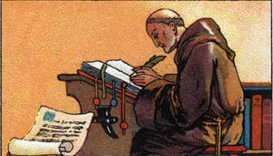 Dějiny písma: mnich kopista kopírující rukopisy ve středověku, začátek 20. století (chromo) od Unknown Artist