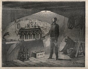 Domácí elektřina: Instalace baterie vynalezené Radiguetem ve sklepě - rytina v „La Science francaise“ od Unknown artist