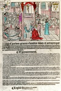Špitál v 16. století: Odpustkový list (vpravo: scéna z nemocnice. Agauche: umírající a mrtví). Rytina 16. století. Soukromá sbírka. od Unknown artist