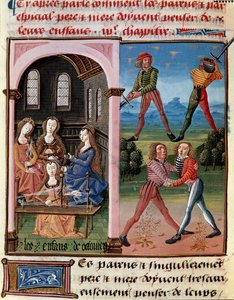 Jak by rodiče měli myslet na své děti; děti Octaviana se učily rytířství a práci s vlnou““ Miniatura převzata z „“Le livre de bonnes moreurs de Jacques Legrand“““ od Unknown artist