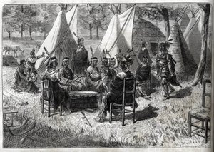 Lidské zoologické zahrady - Lidská zoologická zahrada - Etnologické výstavy - Indiáni Mohas v zahradě aklimatizace (Illustrious Diary of 1883) - Patnáct indiánů z Nebrasky od Unknown artist