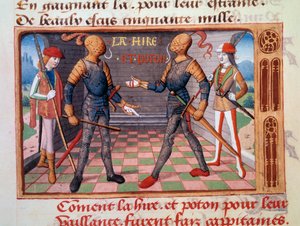 Stoletá válka: „Etienne de Vignoles nebo Vignolles dit La Hire (Lahire) (1390–1443) a Jean Poton, pán Xaintrailles (nebo Saintrailles) (v. 1400 až 1461), společníci Johanky z Arku, se stali kapitány “” Iluminovaná miniatura z rukopisu “” Vig od Unknown artist