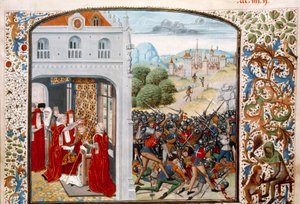 Stoletá válka: „“ Papež Gregoire XI (1329-1378) korunoval Avignon v roce 1370. Bitva o Pontvallain mezi Francouzi a Angličany 4/12/1370““ Miniatura z „Kroniky““ od Jeana Froissarta (1337-1400) Paříž 15. století. B.N. od Unknown artist