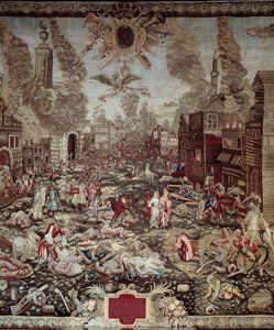 Maďarská conquete: „“ Rakušané berou Budín zpět od osmanských Turků 2. 9. 1686““ Budín je součástí dnešní Budapešti. Vojevůdci jsou Karel V. Lotrinský a Miksa Emanuel II. Násilné scény, požáry domů. Detail tapisérie. 17. ce od Unknown artist