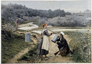 Lovec a dívka u fontány (Rusko) - fotografie, konec 19. století od Unknown artist