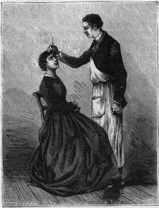Jevy hypnózy: Hypnóza produkovaná upevněním držáku tužky mezi oči. Rytina z roku 1881. od Unknown artist
