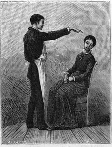 Jevy hypnózy: hypnóza vzniká náhlým natažením ruky před pacienta. Rytina z roku 1881. od Unknown artist