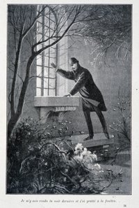 Včera v noci jsem šel a škrábal na okno, ilustrace ve filmu Conana Doyla „The Premiers Exploits of Sherlock Holmes“. Sd. asi 1890 od Unknown artist