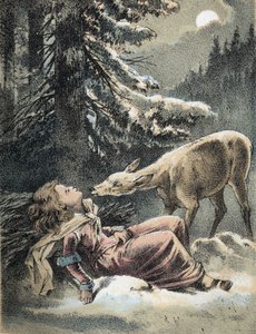 Ilustrace pohádek Franze Hoffmanna „“ Příběhy a bajky – Von Weifsh¿ndchen und breitf¿fschen””: dívka omdlela ve sněhu a jelen. Chromolitografie 19. století. od Unknown artist