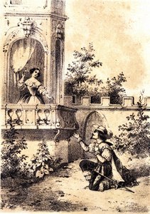 Ilustrace písně „Král tloukl do bubnu““: muž vyjadřující svou lásku ženě u svého okna. sd. od Unknown artist