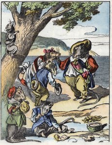 Ilustrace příběhu „Strašný Raminagrobis a myši“““ postava kreslí bajky Jeana de la Fontaina. V „“ Pohádky z domova pro nejmenší““. Anonymní rytina 19. století. od Unknown artist