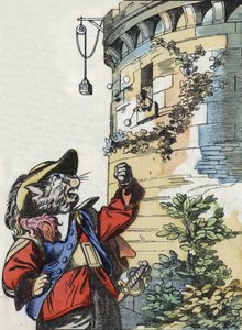 Ilustrace příběhu „Strašný Raminagrobis a myši“““ postava kreslí bajky Jeana de la Fontaina. V „“ Pohádky z domova pro nejmenší““. Anonymní rytina 19. století. od Unknown artist